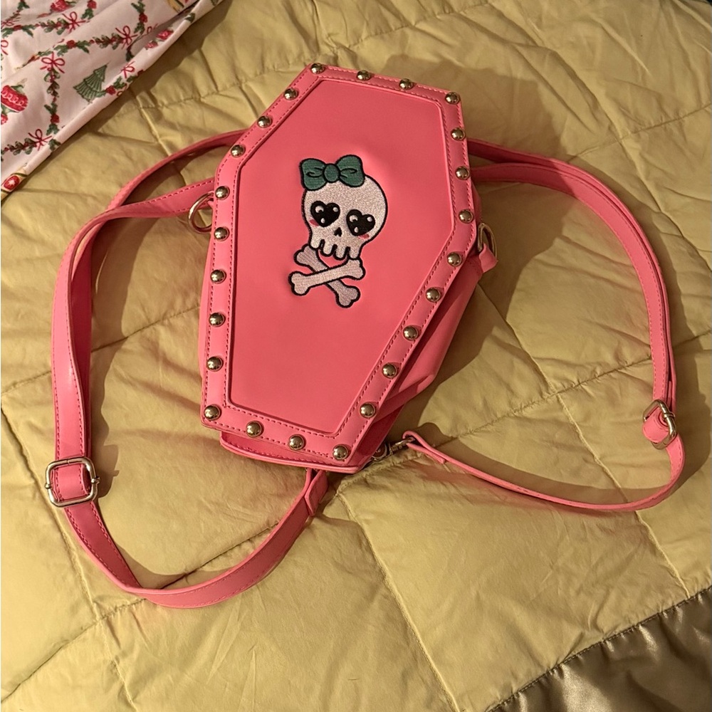 Dolls Kill Pink Coffin Crossbody Bag with Skull